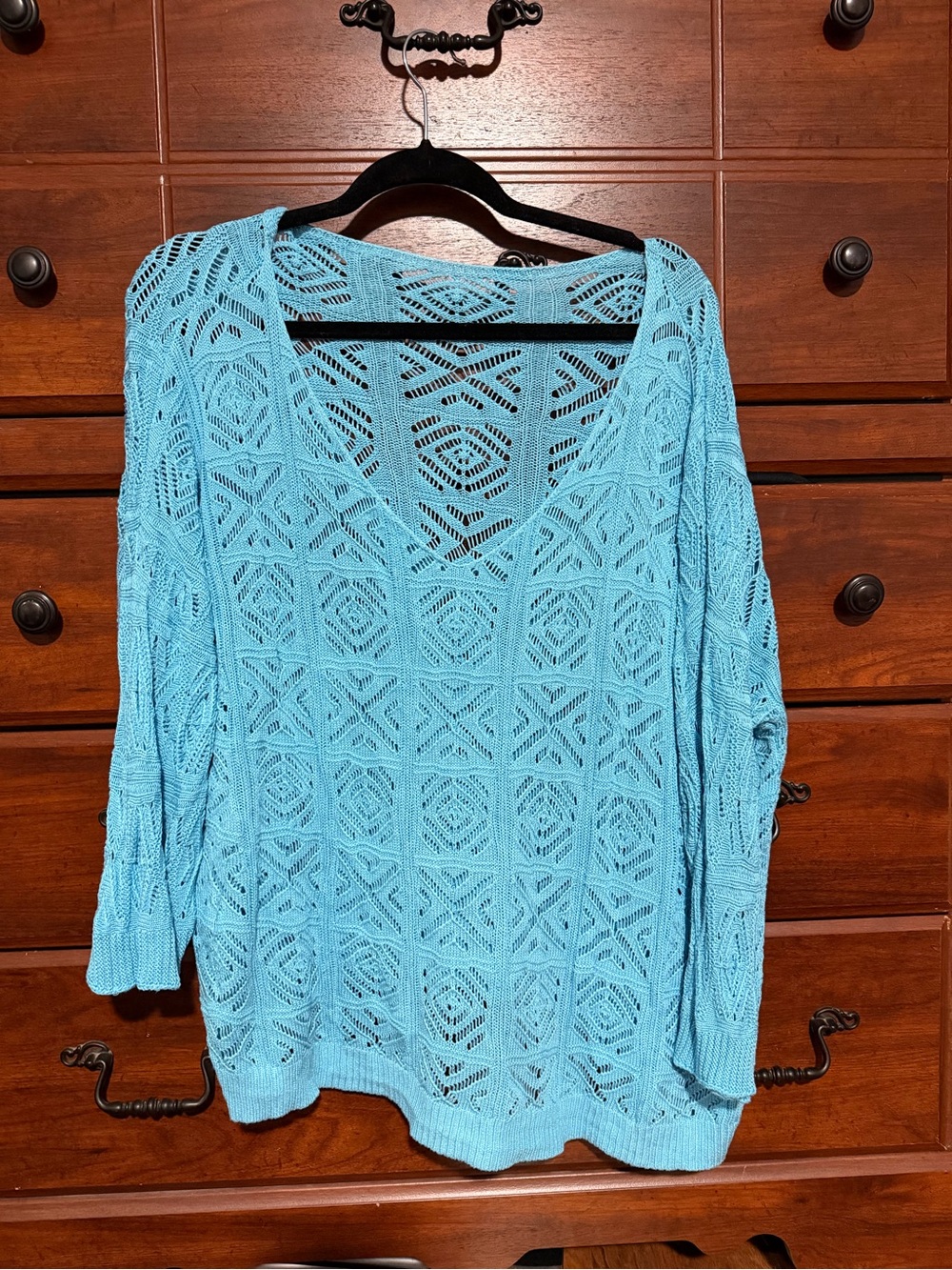 Light Blue Open-Knit V-Neck Women's Sweater Top